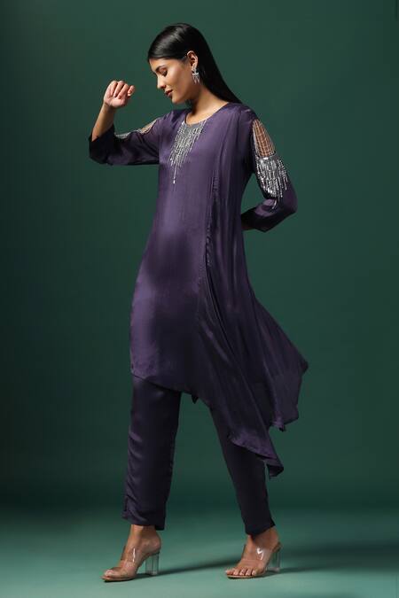Shop_Two Sisters By Gyans_Purple Georgette Sequins, Cut Work Round Neckline Embroidered Kurta And Pant Set _Online_at_Aza_Fashions