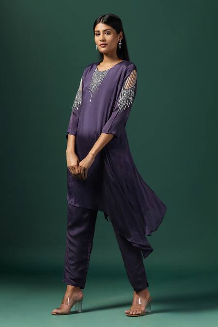 Two Sisters By Gyans_Purple Georgette Sequins, Cut Work Round Neckline Embroidered Kurta And Pant Set _at_Aza_Fashions