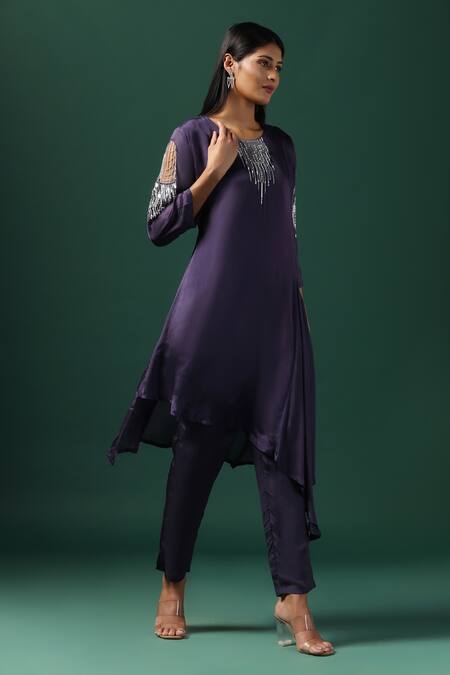 Buy_Two Sisters By Gyans_Purple Georgette Sequins, Cut Work Round Neckline Embroidered Kurta And Pant Set 