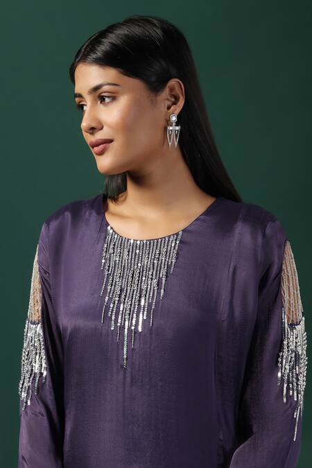 Shop Two Sisters By Gyans Purple Georgette Sequins, Cut Work Round Neckline Embroidered Kurta And Pant Set Shop_Two Sisters By Gyans_Purple Georgette Sequins, Cut Work Round Neckline Embroidered Kurta And Pant Set