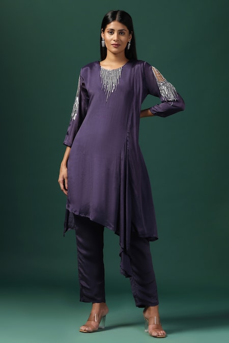 Two Sisters By Gyans Purple Georgette Embroidery Sequin Round Neck Neckline Kurta And Pant Set 