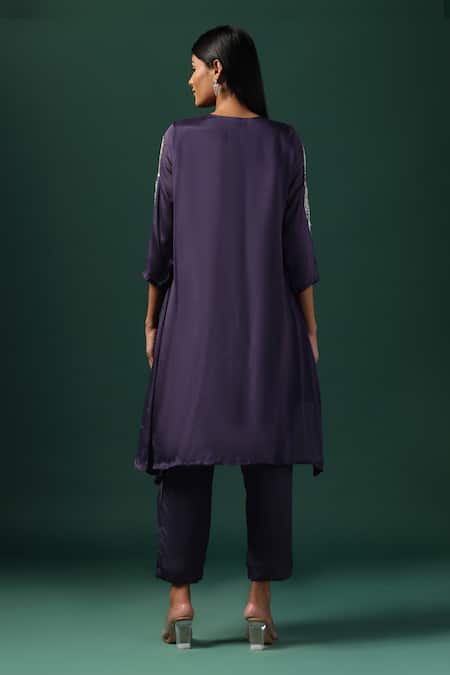 Shop Two Sisters By Gyans Purple Georgette Sequins, Cut Work Round Neckline Embroidered Kurta And Pant Set at Aza Fashions Shop_Two Sisters By Gyans_Purple Georgette Sequins, Cut Work Round Neckline Embroidered Kurta And Pant Set _at_Aza_Fashions