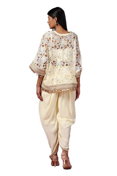 Two Sisters By Gyans Yellow Georgette Embroidery, Sequins V-neck Floral Cutwork Kaftan Dhoti Pant Set Online at Aza Fashions Two Sisters By Gyans_Yellow Georgette Embroidery, Sequins V-neck Floral Cutwork Kaftan Dhoti Pant Set _Online_at_Aza_Fashions