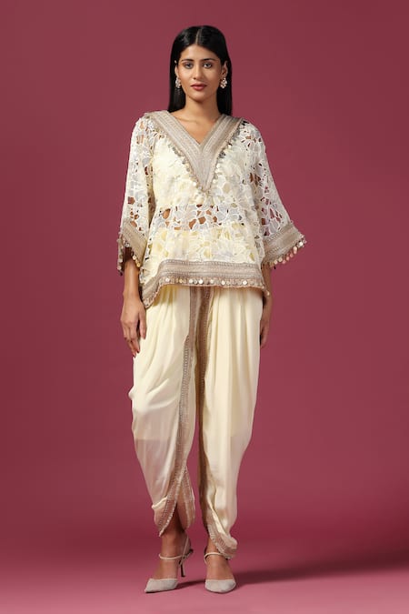 Buy_Two Sisters By Gyans_Yellow Georgette Embroidery, Sequins V-neck Floral Cutwork Kaftan Dhoti Pant Set _Online_at_Aza_Fashions