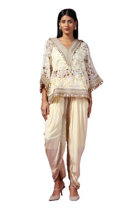Shop Two Sisters By Gyans Yellow Georgette Embroidery, Sequins V-neck Floral Cutwork Kaftan Dhoti Pant Set Online at Aza Fashions Shop_Two Sisters By Gyans_Yellow Georgette Embroidery, Sequins V-neck Floral Cutwork Kaftan Dhoti Pant Set _Online_at_Aza_Fashions