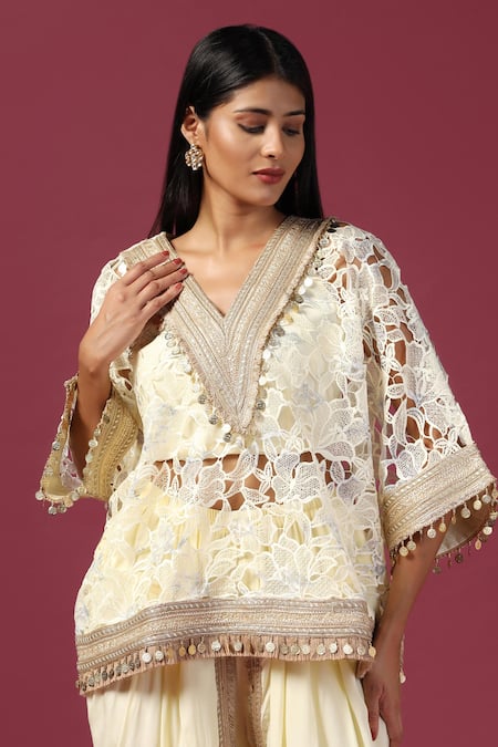 Buy_Two Sisters By Gyans_Yellow Georgette Embroidery, Sequins V-neck Floral Cutwork Kaftan Dhoti Pant Set 