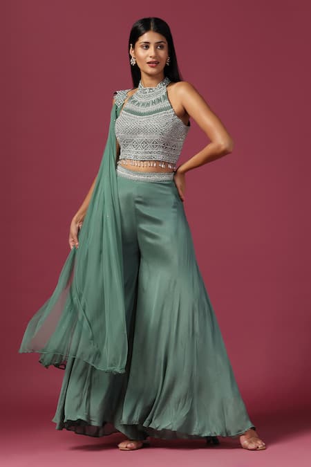 Two Sisters By Gyans Green Crop Top And Sharara Georgette Embroidery Swarovski Round High Neck Set