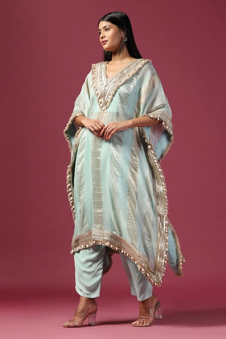 Shop_Two Sisters By Gyans_Blue Tissue, Georgette, Crepe Sequins, Embroidery Stripe Woven Kaftan Pant Set _Online_at_Aza_Fashions