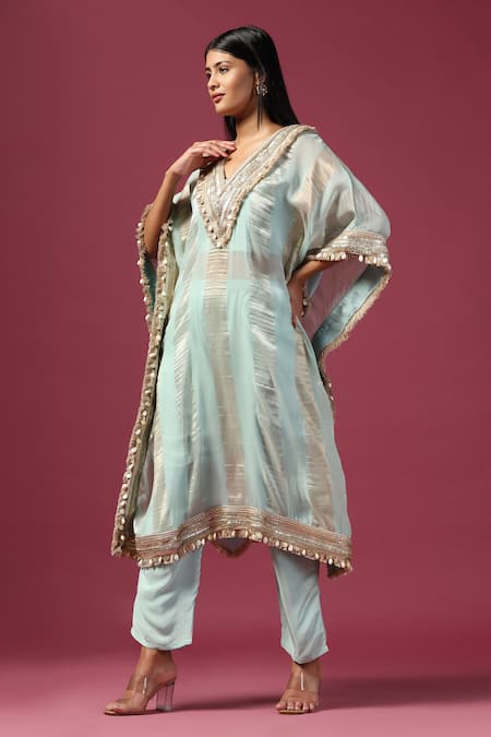 Two Sisters By Gyans_Blue Tissue, Georgette, Crepe Sequins, Embroidery Stripe Woven Kaftan Pant Set _at_Aza_Fashions