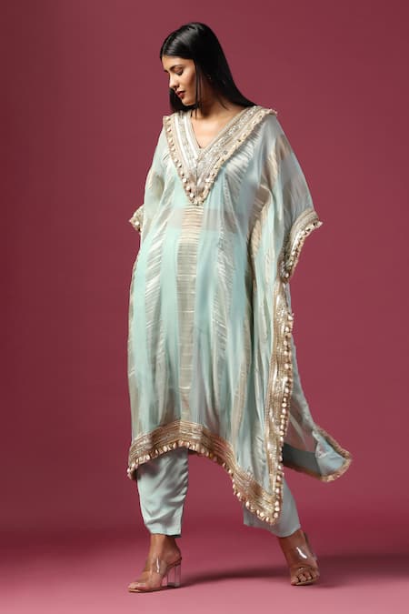Buy_Two Sisters By Gyans_Blue Tissue, Georgette, Crepe Sequins, Embroidery Stripe Woven Kaftan Pant Set 