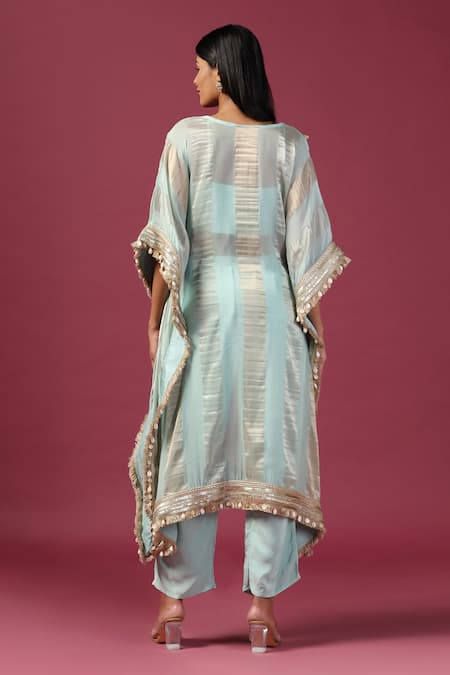 Shop_Two Sisters By Gyans_Blue Tissue, Georgette, Crepe Sequins, Embroidery Stripe Woven Kaftan Pant Set _at_Aza_Fashions