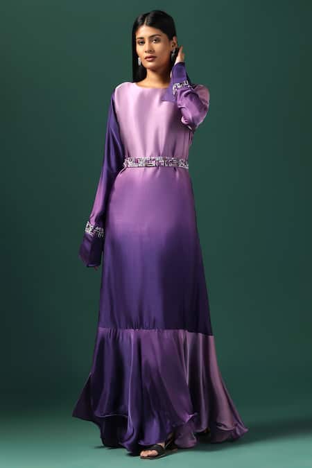 Two Sisters By Gyans_Purple Georgette Pearls, Sequins Round Neck Sleeve Embroidered Dress _Online_at_Aza_Fashions