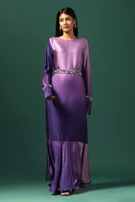 Buy_Two Sisters By Gyans_Purple Georgette Pearls, Sequins Round Neck Sleeve Embroidered Dress _Online_at_Aza_Fashions