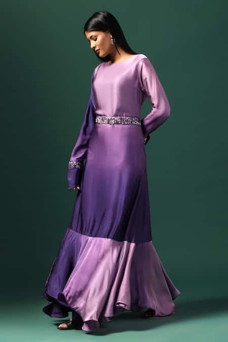 Shop_Two Sisters By Gyans_Purple Georgette Pearls, Sequins Round Neck Sleeve Embroidered Dress _Online_at_Aza_Fashions