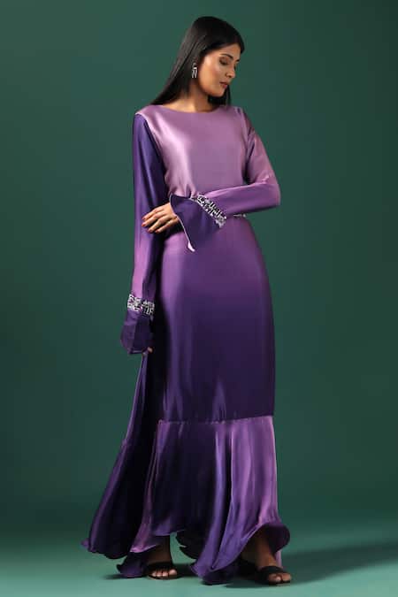 Two Sisters By Gyans_Purple Georgette Pearls, Sequins Round Neck Sleeve Embroidered Dress _at_Aza_Fashions