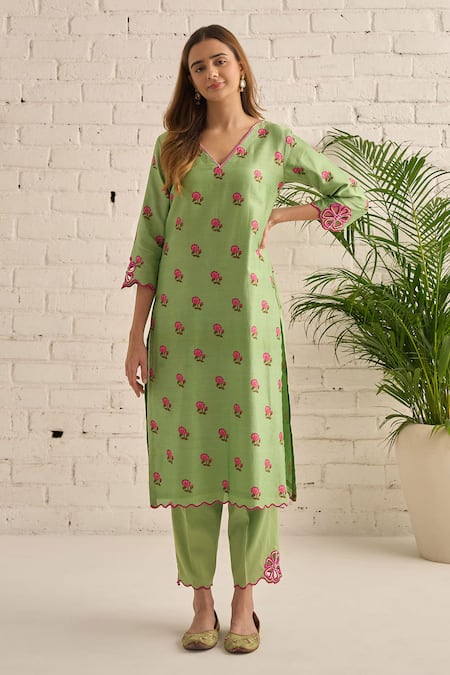 Buy_Bhawna Sethi_Green Cotton, Chanderi, Organza, Silk Primrose Floral Print Kurta Set _Online_at_Aza_Fashions