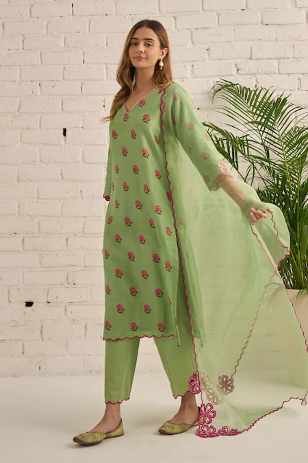 Shop_Bhawna Sethi_Green Cotton, Chanderi, Organza, Silk Primrose Floral Print Kurta Set _Online_at_Aza_Fashions