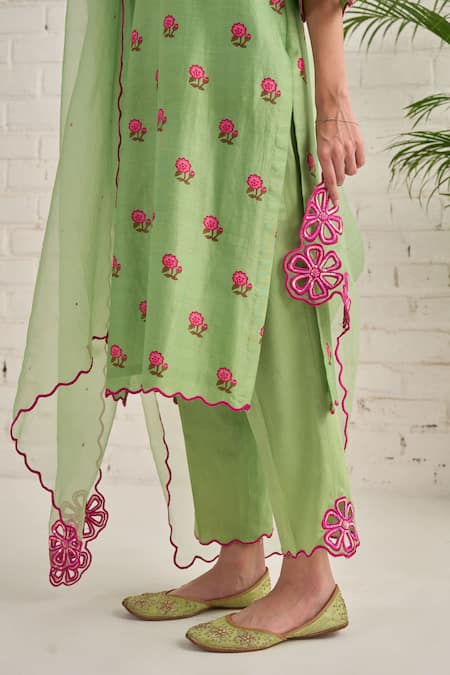 Buy_Bhawna Sethi_Green Cotton, Chanderi, Organza, Silk Primrose Floral Print Kurta Set 
