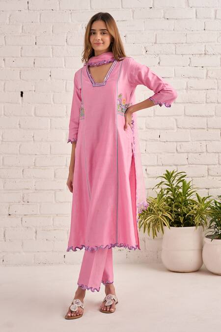 Bhawna Sethi Pink Kurta And Pant Pure Cotton Chanderi Hand Embroidered Floral Peony Set
