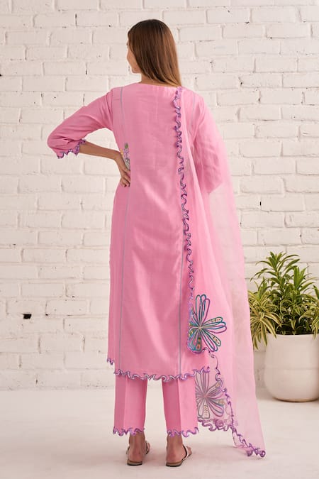 Shop Bhawna Sethi Pink Cotton, Organza, Chanderi Embroidery, Sequins, Beads Peony Hand Kurta Set at Aza Fashions Shop_Bhawna Sethi_Pink Cotton, Organza, Chanderi Embroidery, Sequins, Beads Peony Hand Kurta Set _at_Aza_Fashions