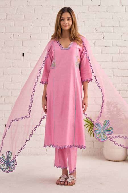 Buy Bhawna Sethi Pink Cotton, Organza, Chanderi Embroidery, Sequins, Beads Peony Hand Kurta Set Online at Aza Fashions Buy_Bhawna Sethi_Pink Cotton, Organza, Chanderi Embroidery, Sequins, Beads Peony Hand Kurta Set _Online_at_Aza_Fashions
