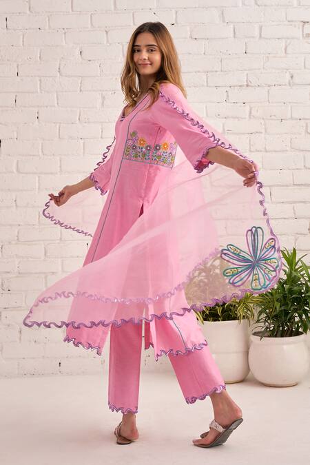 Shop Bhawna Sethi Pink Cotton, Organza, Chanderi Embroidery, Sequins, Beads Peony Hand Kurta Set Online at Aza Fashions Shop_Bhawna Sethi_Pink Cotton, Organza, Chanderi Embroidery, Sequins, Beads Peony Hand Kurta Set _Online_at_Aza_Fashions