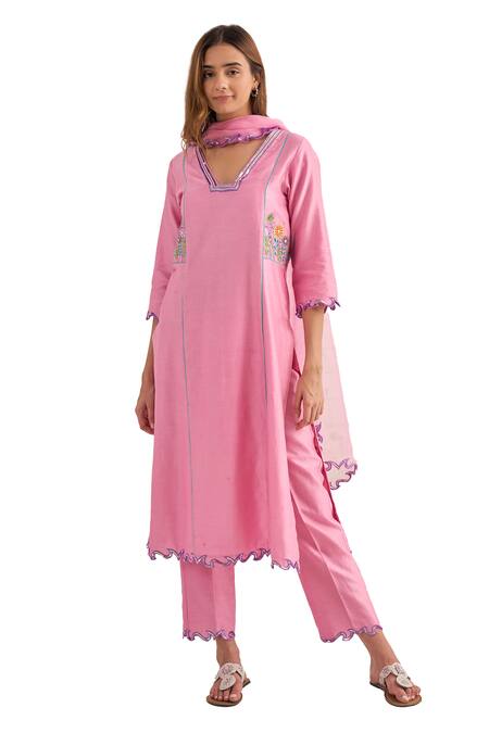 Buy Bhawna Sethi Pink Cotton, Organza, Chanderi Embroidery, Sequins, Beads Peony Hand Kurta Set Buy_Bhawna Sethi_Pink Cotton, Organza, Chanderi Embroidery, Sequins, Beads Peony Hand Kurta Set