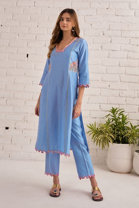Shop Bhawna Sethi Blue Cotton, Organza, Chanderi Embroidery, Sequins, Beads Orchid Hand Kurta Set at Aza Fashions Shop_Bhawna Sethi_Blue Cotton, Organza, Chanderi Embroidery, Sequins, Beads Orchid Hand Kurta Set _at_Aza_Fashions