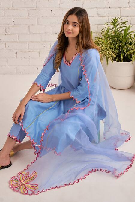 Bhawna Sethi Blue Cotton, Organza, Chanderi Embroidery, Sequins, Beads Orchid Hand Kurta Set Online at Aza Fashions Bhawna Sethi_Blue Cotton, Organza, Chanderi Embroidery, Sequins, Beads Orchid Hand Kurta Set _Online_at_Aza_Fashions