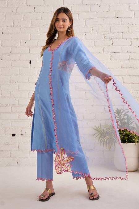 Buy Bhawna Sethi Blue Cotton, Organza, Chanderi Embroidery, Sequins, Beads Orchid Hand Kurta Set Online at Aza Fashions Buy_Bhawna Sethi_Blue Cotton, Organza, Chanderi Embroidery, Sequins, Beads Orchid Hand Kurta Set _Online_at_Aza_Fashions