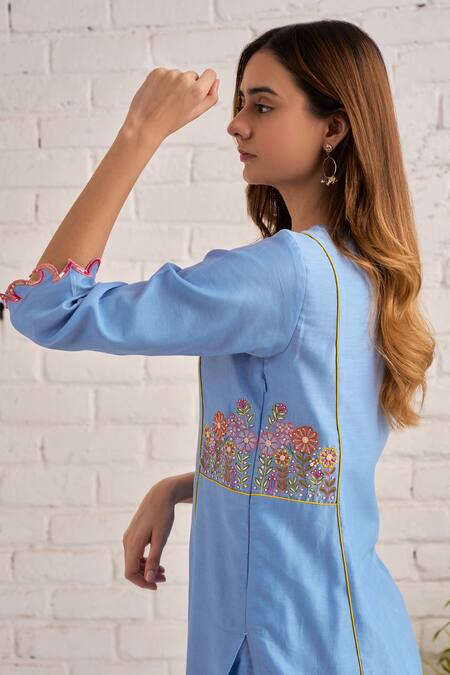 Bhawna Sethi Blue Cotton, Organza, Chanderi Embroidery, Sequins, Beads Orchid Hand Kurta Set at Aza Fashions Bhawna Sethi_Blue Cotton, Organza, Chanderi Embroidery, Sequins, Beads Orchid Hand Kurta Set _at_Aza_Fashions