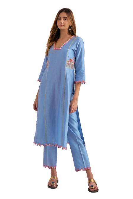 Buy Bhawna Sethi Blue Cotton, Organza, Chanderi Embroidery, Sequins, Beads Orchid Hand Kurta Set Buy_Bhawna Sethi_Blue Cotton, Organza, Chanderi Embroidery, Sequins, Beads Orchid Hand Kurta Set