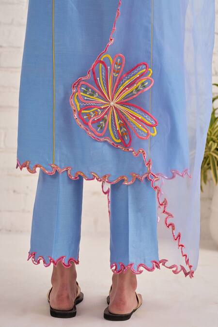 Shop Bhawna Sethi Blue Cotton, Organza, Chanderi Embroidery, Sequins, Beads Orchid Hand Kurta Set Shop_Bhawna Sethi_Blue Cotton, Organza, Chanderi Embroidery, Sequins, Beads Orchid Hand Kurta Set