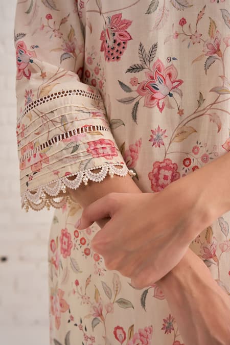 Shop Bhawna Sethi Ivory Cotton, Silk, Chanderi Beads, Embroidery Lily Floral And Leaf Kurta Set Shop_Bhawna Sethi_Ivory Cotton, Silk, Chanderi Beads, Embroidery Lily Floral And Leaf Kurta Set