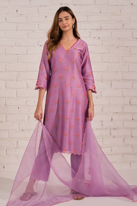 Bhawna Sethi_Purple Cotton, Chanderi, Silk, Organza Cut Work, Iris Floral Print Kurta Set _Online_at_Aza_Fashions