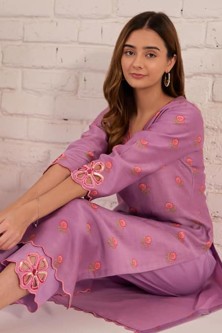 Buy_Bhawna Sethi_Purple Cotton, Chanderi, Silk, Organza Cut Work, Iris Floral Print Kurta Set _Online_at_Aza_Fashions