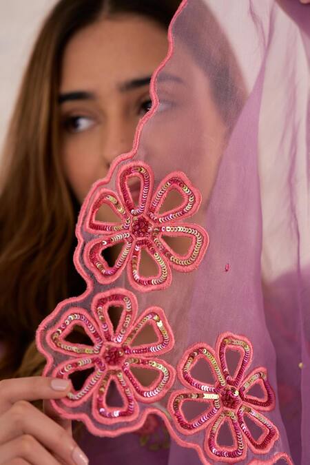 Shop_Bhawna Sethi_Purple Cotton, Chanderi, Silk, Organza Cut Work, Iris Floral Print Kurta Set _Online_at_Aza_Fashions