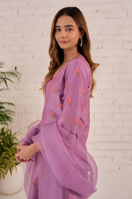 Buy_Bhawna Sethi_Purple Cotton, Chanderi, Silk, Organza Cut Work, Iris Floral Print Kurta Set 