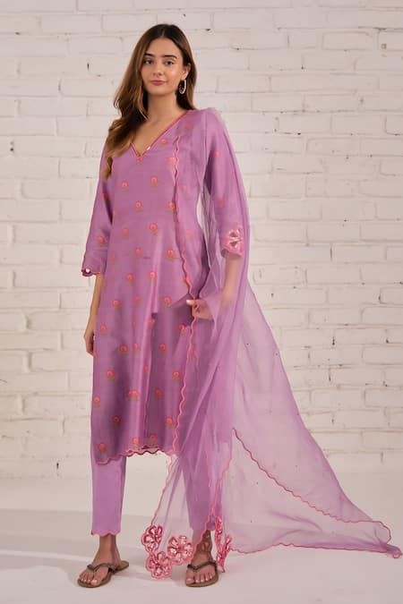 Shop_Bhawna Sethi_Purple Cotton, Chanderi, Silk, Organza Cut Work, Iris Floral Print Kurta Set 