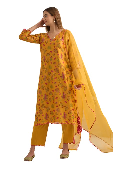 Shop_Bhawna Sethi_Yellow Organza, Chanderi, Cotton, Silk Cut Floral Print Cutwork And Kurta Set 