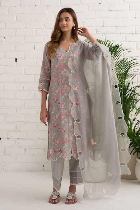 Bhawna Sethi Grey Kurta And Pant Pure Cotton Silk Printed Floral V Neck Hibiscus & Leaf Set