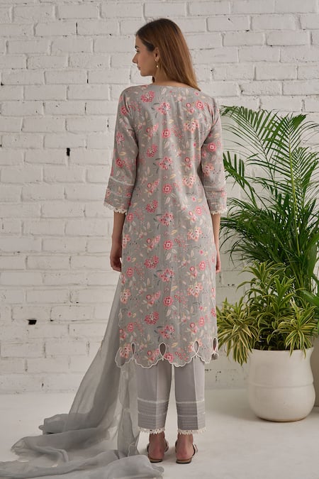 Shop Bhawna Sethi Grey Cotton, Silk, Chanderi Beads, Embroidery, Floral And Leaf Hand Kurta Set at Aza Fashions Shop_Bhawna Sethi_Grey Cotton, Silk, Chanderi Beads, Embroidery, Floral And Leaf Hand Kurta Set _at_Aza_Fashions