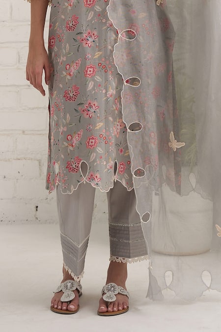 Bhawna Sethi Grey Cotton, Silk, Chanderi Beads, Embroidery, Floral And Leaf Hand Kurta Set at Aza Fashions Bhawna Sethi_Grey Cotton, Silk, Chanderi Beads, Embroidery, Floral And Leaf Hand Kurta Set _at_Aza_Fashions