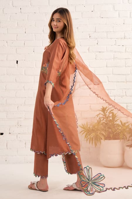 Shop_Bhawna Sethi_Brown Cotton, Chanderi, Organza Embroidery, Sequins, Dahlia Hand Kurta Set _at_Aza_Fashions