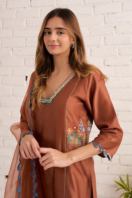 Bhawna Sethi_Brown Cotton, Chanderi, Organza Embroidery, Sequins, Dahlia Hand Kurta Set _Online_at_Aza_Fashions