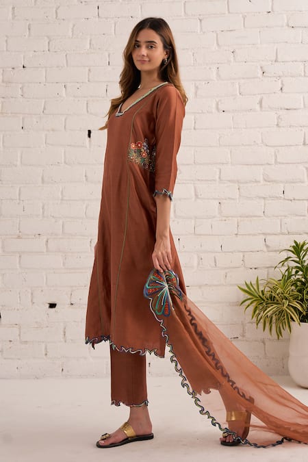 Buy_Bhawna Sethi_Brown Cotton, Chanderi, Organza Embroidery, Sequins, Dahlia Hand Kurta Set _Online_at_Aza_Fashions