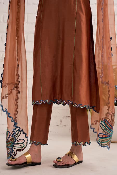 Shop_Bhawna Sethi_Brown Cotton, Chanderi, Organza Embroidery, Sequins, Dahlia Hand Kurta Set _Online_at_Aza_Fashions