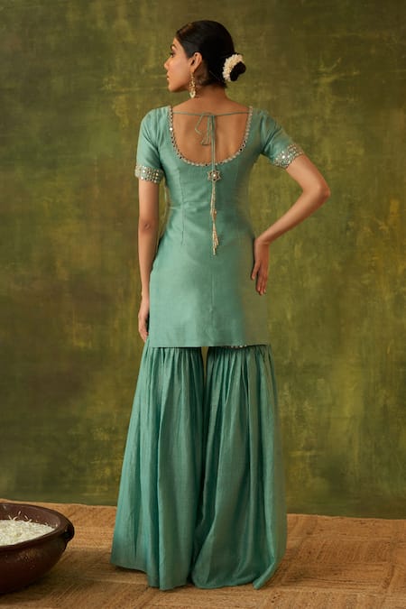 Shop Bhawna Sethi Green , Cotton, Ashlesha Hand Embroidered Kurta Gharara Set at Aza Fashions Shop_Bhawna Sethi_Green , Cotton, Ashlesha Hand Embroidered Kurta Gharara Set _at_Aza_Fashions