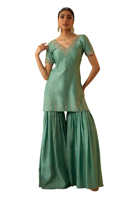 Shop Bhawna Sethi Green , Cotton, Ashlesha Hand Embroidered Kurta Gharara Set Online at Aza Fashions Shop_Bhawna Sethi_Green , Cotton, Ashlesha Hand Embroidered Kurta Gharara Set _Online_at_Aza_Fashions