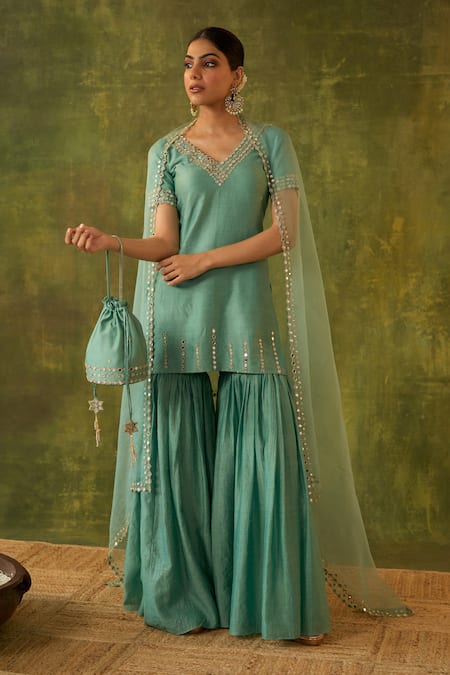 Shop Bhawna Sethi Green Chanderi, Organza, Cotton Mirrors, Ashlesha Embroidered Kurta Gharara Set at Aza Fashions Shop_Bhawna Sethi_Green Chanderi, Organza, Cotton Mirrors, Ashlesha Embroidered Kurta Gharara Set _at_Aza_Fashions